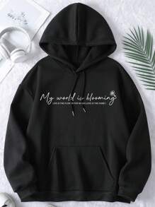 SHEIN EZwear 女士加大码标语印花抽绳卫衣，带保暖内衬 - 黑色 - 查看 1