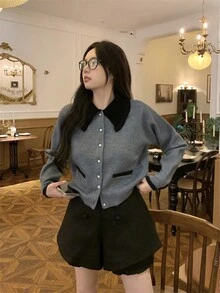 女士休闲撞色领针织开衫，秋冬款 - 深灰色 - 查看 4