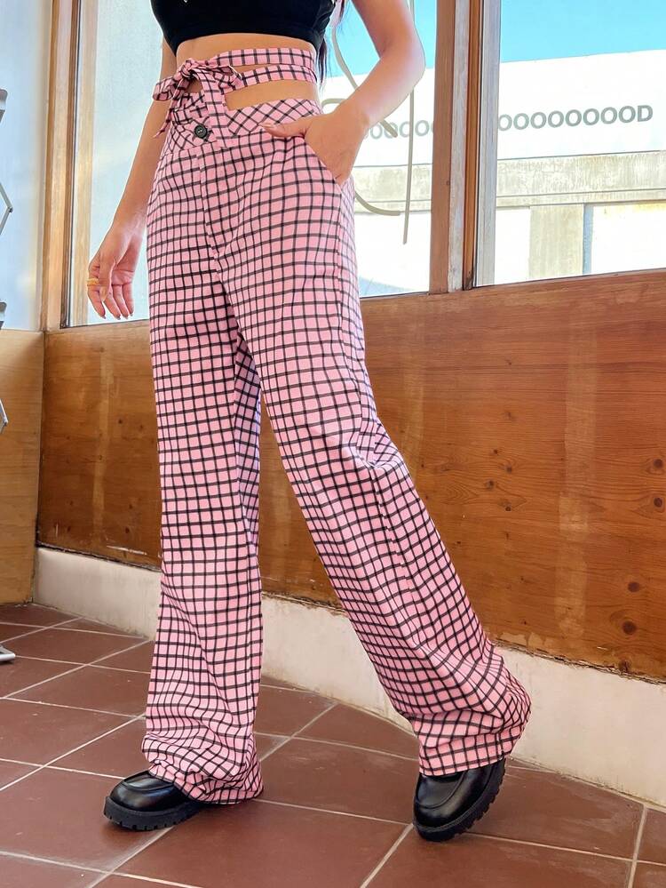Casual Cross Tied Waist Plaid Pants For Women