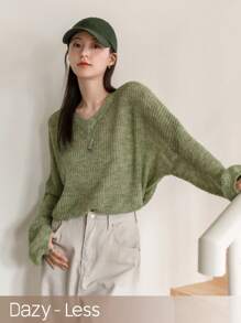 DAZY Women'S V-Neck Drop Shoulder Long Sleeve Sweater - Green - View 1
