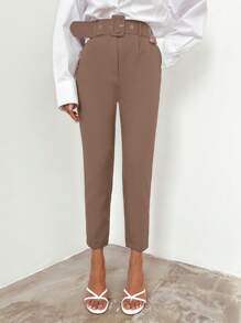 SHEIN Cottnline Solid Color Belted Dress Pants - Camel - View 4