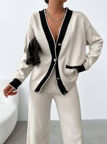 EURMUSE Contrast Trim Drop Shoulder Cardigan & Knit Pants - Beige - View 4