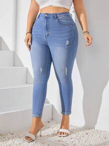 SHEIN Privé 大碼高腰修身牛仔褲 - 藍色 - 查看 4