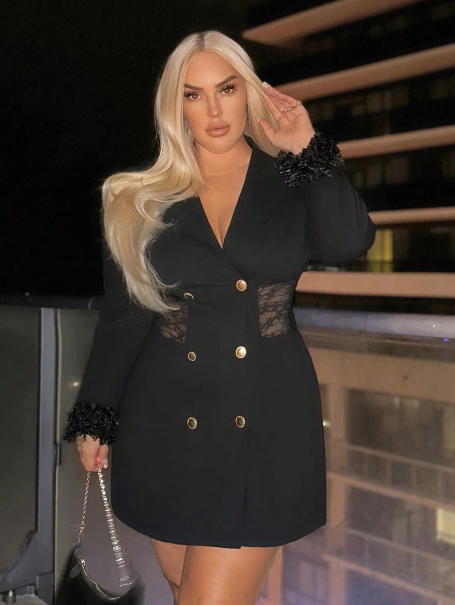 Shein Sxy大尺碼蕾絲拼接雙排扣套裙性感時尚俱樂部情人節裝扮 - 黑色 - 查看 1