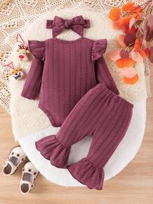 Baby Girls' Headband & Deer Printed Romper And Pants Set - Purple - View 2