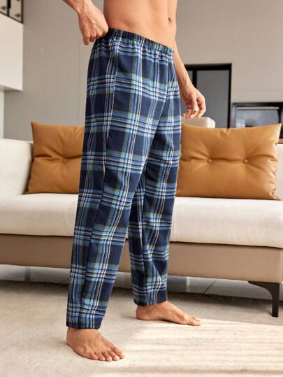 Men's Plaid Patterned Loungewear Bottoms, For Fall