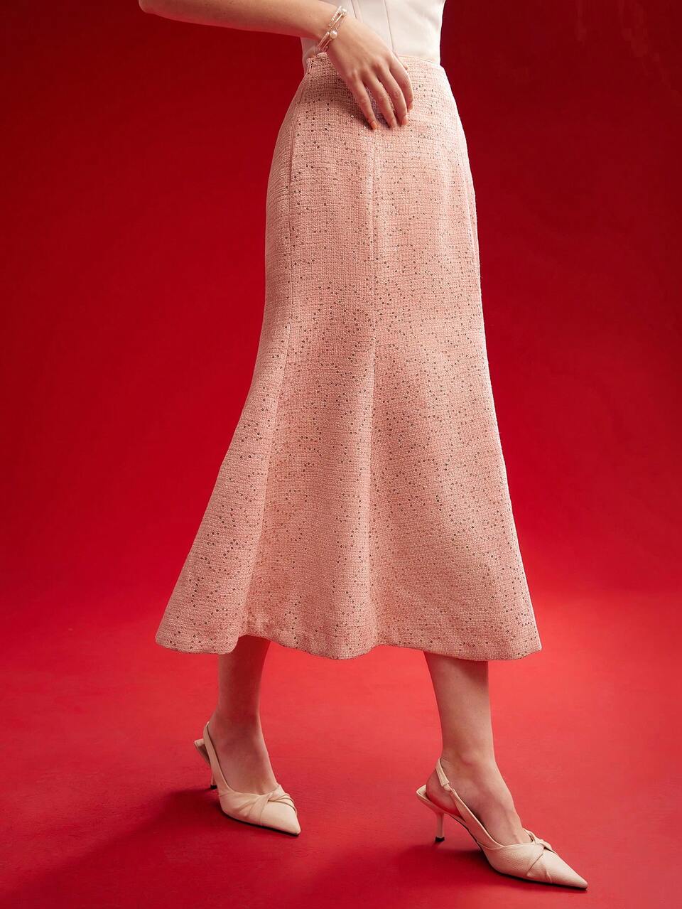 MOTF WOVEN WOMEN'S CONTRAST SEQUIN MERMAID HEM SKIRT,VALENTINE'S DAY