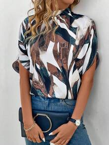 SHEIN Privé 女士植物印花蝙蝠短袖襯衫,立領款式 - 彩色 - 查看 5