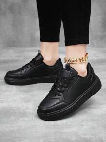 Fall/Winter Women's Thick Sole Skate Shoes, Black Leather Sneakers With Letter Patterned Laces, Round Toe Outdoor Sports Shoes For Plus Sizes - Black - View 5
