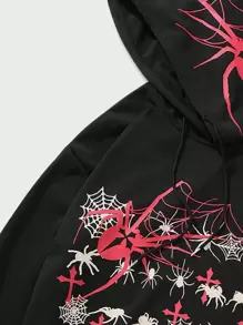 ROMWE MEN Goth Moletom com Capuz Masculino com Estampa de Aranha, Retalhos e Xadrez, Cordão, Halloween
