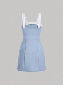 SHEIN MOD Của phụ nữ Khối màu Đầm Với Nơ Đồ trang trí - Màu xanh nhạt - Xem 2