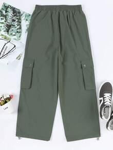Astylish Solid Elastic Waist Ankle Drawstring Pocket Cargo Pants - Green - View 6