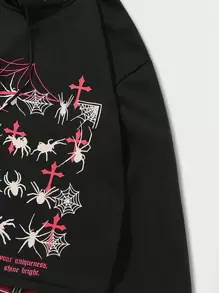 ROMWE MEN Goth Moletom com Capuz Masculino com Estampa de Aranha, Retalhos e Xadrez, Cordão, Halloween