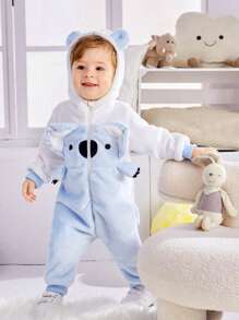 SHEIN Baby Boy Cartoon Embroidery 3D Ear Design Hooded Jumpsuit - Blue and White - View 7