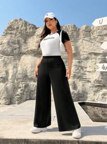 SHEIN EZwear Plus Size Black Knitted High-Waist Wide-Leg Pants - Black - View 6