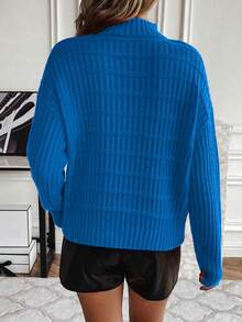 SHEIN Clasi Đứng cổ áo Tay áo dài Áo len - Màu xanh lam - Xem 2