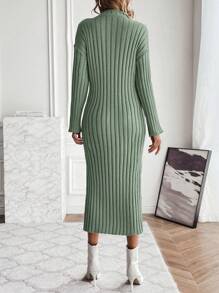 SHEIN Clasi 女士純色立領鬆緊針織毛衣外套 - 綠色 - 查看 2