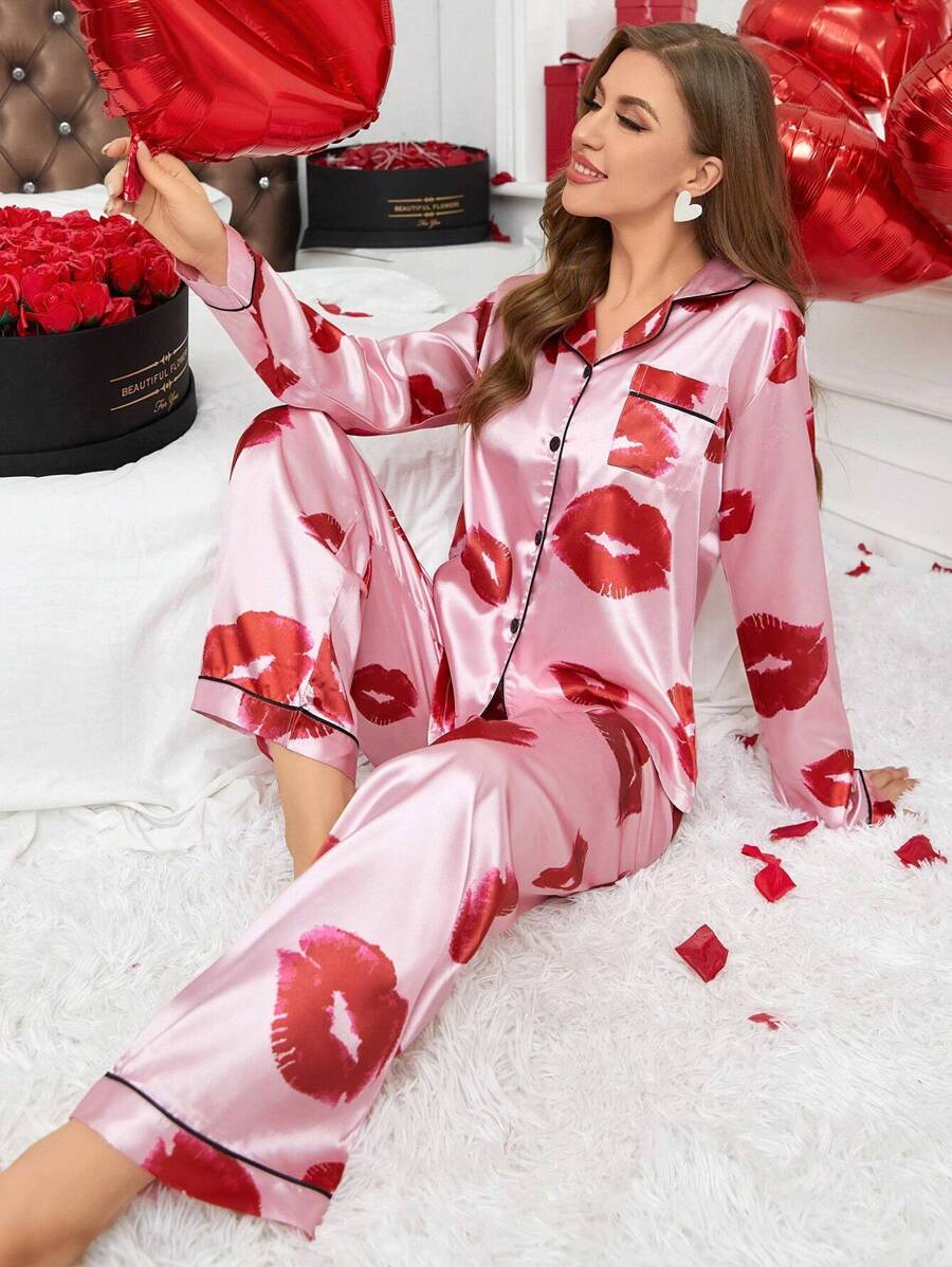 Lips Print Long Sleeve Top & Pants Pajama Set, Fall Clothes  Cozy And Elegant Details - Pink - View 1