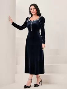 Modelyn Women'S Pearl Decor Puff Sleeve Dress - Blue - View 1