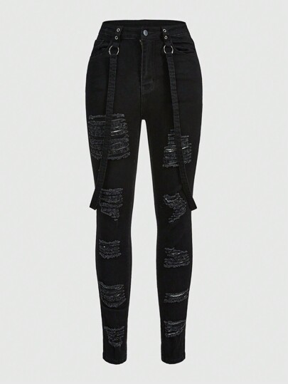 Grunge Punk Ripped And Frayed Skinny Jeans With Tape Detail, School