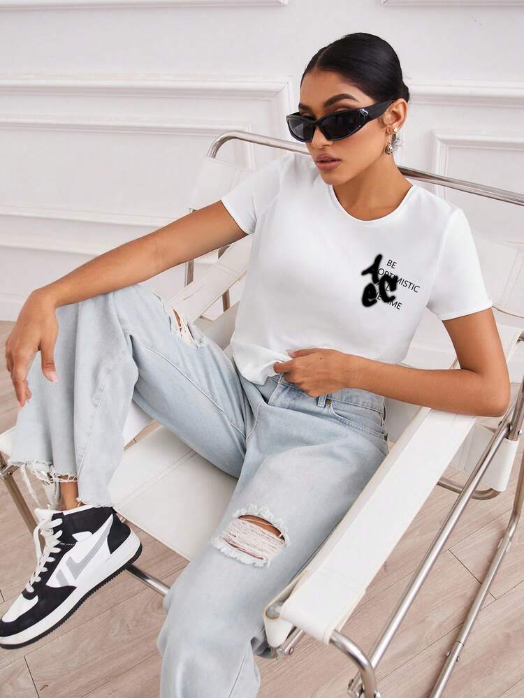 SHEIN EZwear 100% Cotton Slim Fit Casual Short Sleeve T-Shirt With Front & Back Slogan Print - Black - View 5