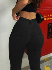 American Style Women Casual Distressed Flare Denim Jeans, Versatile - 黑色 - 查看 2