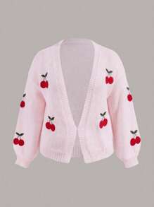 SHEIN Qutie Plus Size Fashionable Embroidered Cherry Cardigan - Pink - View 3