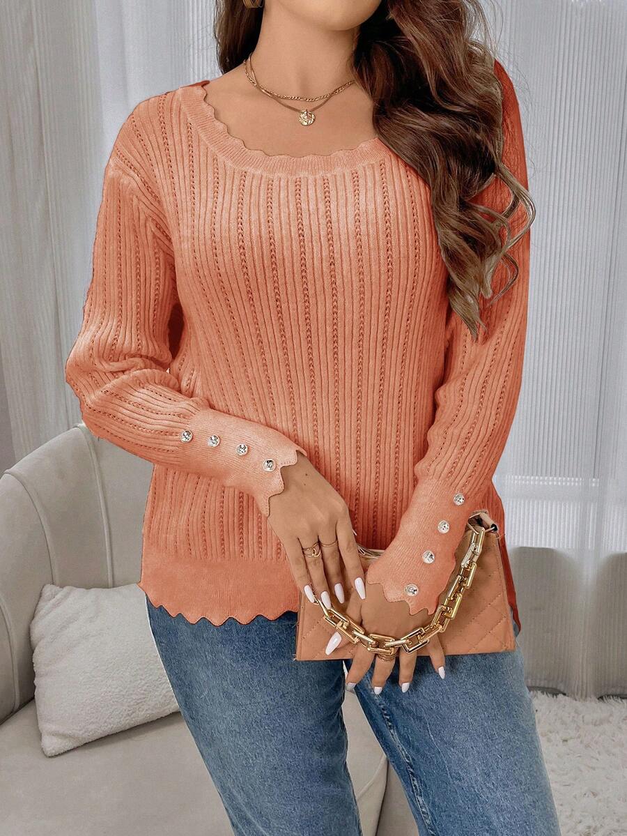 Celure Plus Size Shell Edge Rhinestone Decoration Pullover Sweater - Burnt Orange - View 1