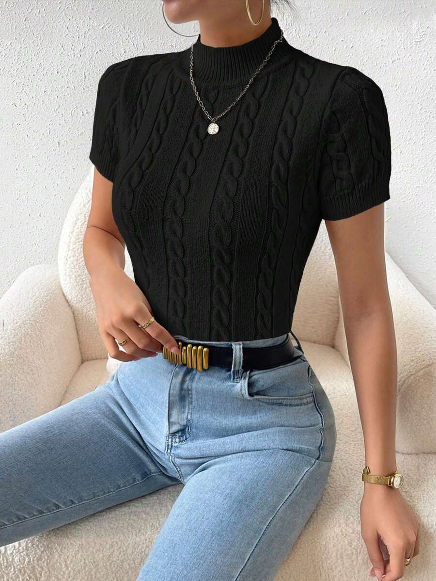 SHEIN Frenchy 休閒純色針織短袖上衣 - 黑色 - 查看 1