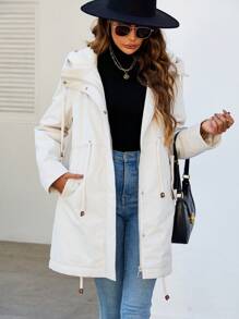 SHEIN Unity 女士连帽加厚棉服外套冬季带抽绳腰带 - 米色 - 查看 6