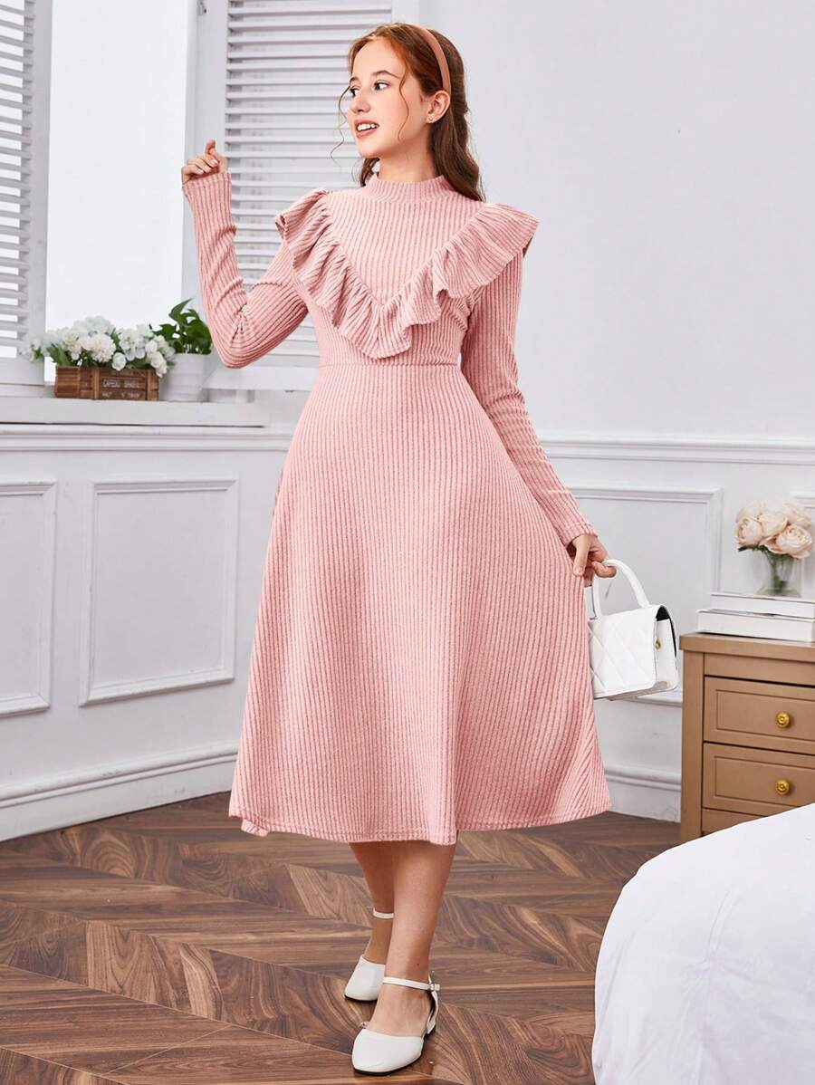 SHEIN Teen Girls' Stand Collar Ruffle Trim Long Sleeve Dress - Pink - View 1
