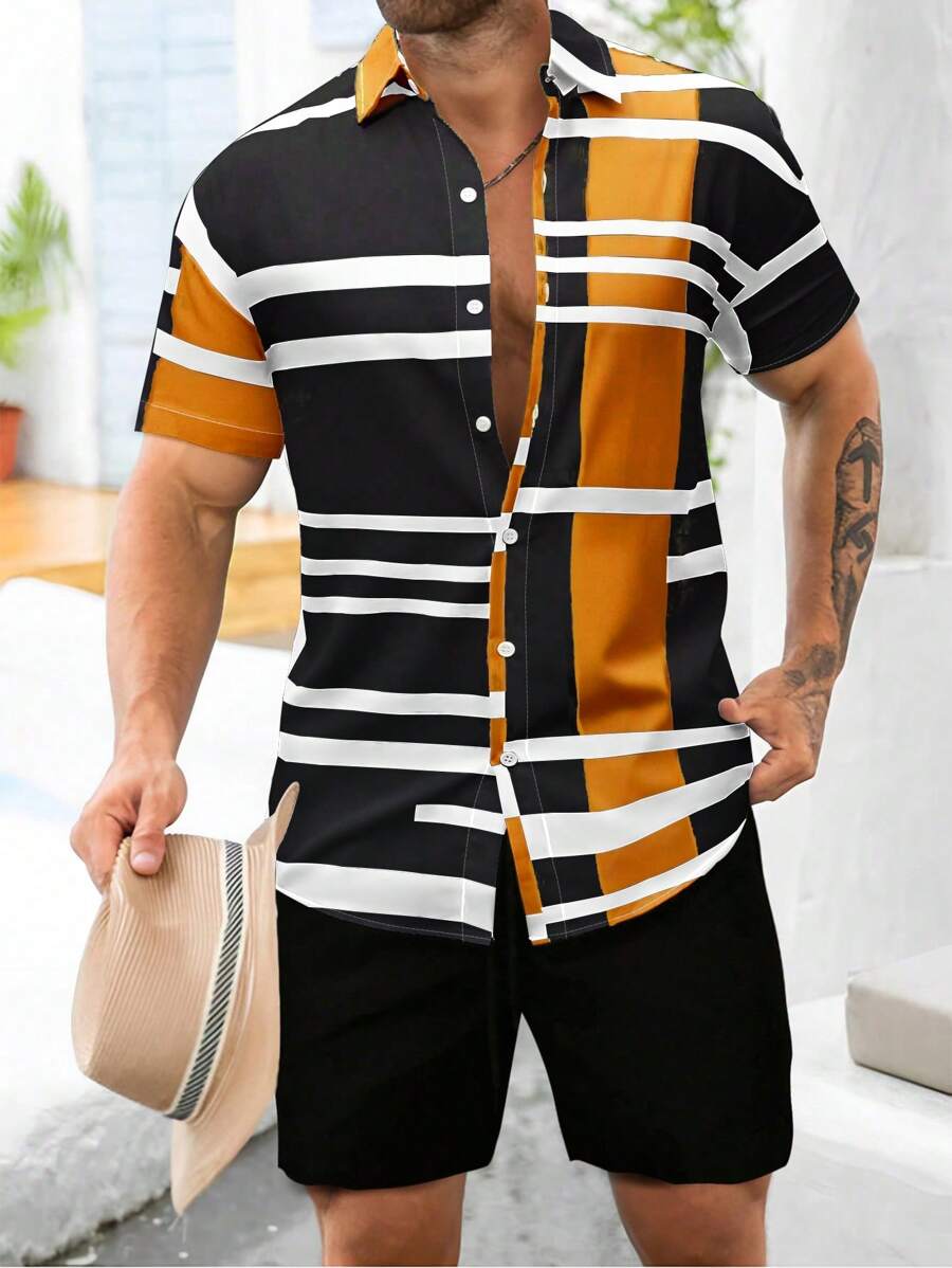 Manfinity Homme Men'S Stripe Short Sleeve Shirt And Shorts Set, Men Stripe Button Up Shirt Shorts Set, Men Two Piece Casual Short Sets, Men 2 Piece Set Summer, Black And Orange Shirt Men - Multicolor - View 1