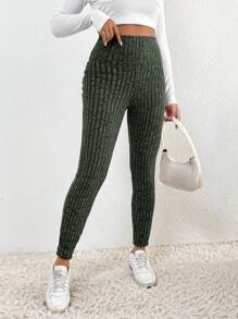 SHEIN Frenchy 女式羅紋針織打底褲 - 綠色 - 查看 3