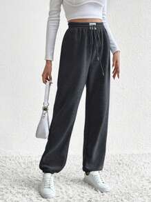 SHEIN Tall 抽繩腰運動褲 - 深灰色 - 查看 1