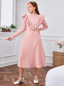 SHEIN Teen Girls' Stand Collar Ruffle Trim Long Sleeve Dress - Pink - View 5