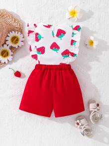 女嬰草莓上衣和短褲套裝 - 紅色 - 查看 2