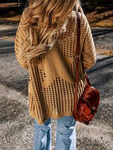 Astylish 3/4 tay áo Hollow-out Móc sự thêu Mở Mặt trước Áo len Mở - Lạc đà - Xem 2