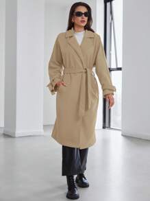 EURMUSE Lapel Neck Open Front Belted Overcoat - Camel - View 5
