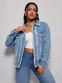 SHEIN ICON Women'S Button-Front Frayed Hem Denim Jacket - Light Wash - View 5