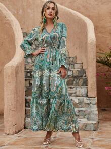 Women'S V-Neck Floral Print Coin Tassel Sling Rope Belt Trumpet Sleeve Long Dress - Green - View 1