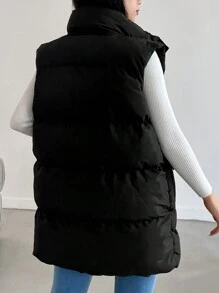 EURMUSE Zip Up Snap Button Puffer Vest Coat - Black - View 2