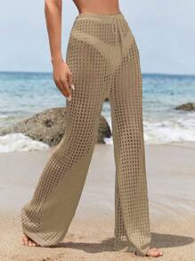 SHEIN Swim Summer Beach Solid Color Hollow Out Cover Up Pants - Khaki - View 4