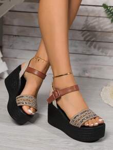 女夏季新款韓版坡跟厚底涼鞋露趾扣帶厚底鞋