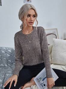 SHEIN LUNE Round Neck Casual Pullover Sweater - Mocha Brown - View 4