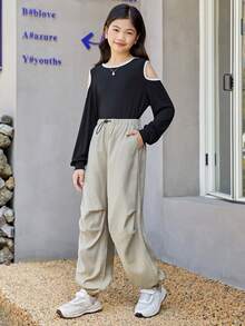 SHEIN Tween 女孩針織色塊圓領休閒上衣和梭織純色抽繩慢跑褲 2 件套 - 黑色 - 查看 5