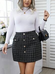 SHEIN Clasi 大尺寸格紋前扣半身裙 - 黑與白 - 查看 3