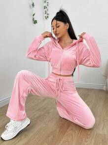 SHEIN EZwear Zipper Front Hooded Jacket And Pants Set - Pink - View 7