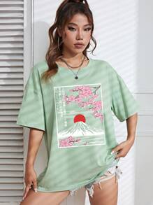 SHEIN EZwear 印花寬鬆休閒放肩t恤 - 綠色 - 查看 6