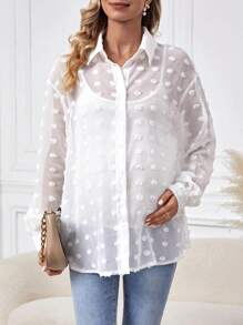 SHEIN Maternity Sheer Mesh Perspective Long Sleeve Shirt - White - View 1