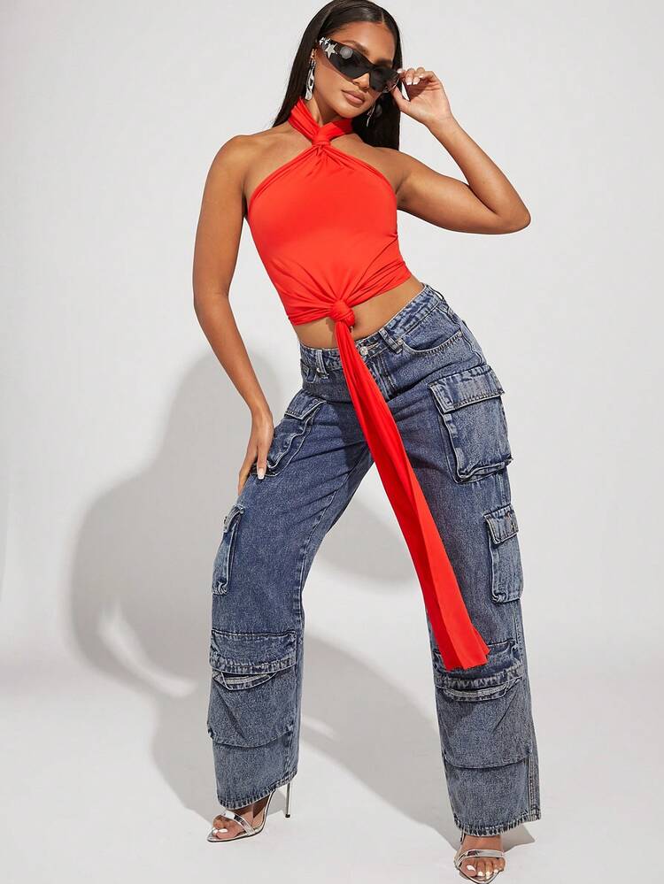 Solid Draped Knot Front Halter Top